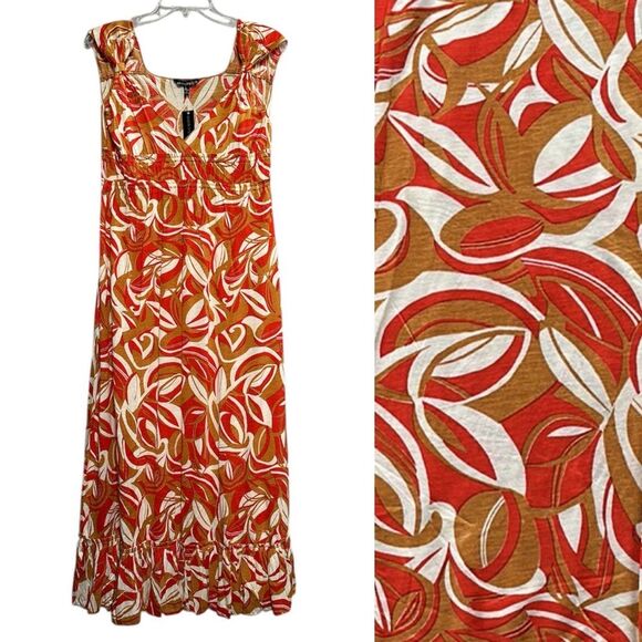 NWT Chaudry by RAGA Sleeveless A-line Midi Tank Sundress Tan Orange Cream Small - Picture 1 of 13